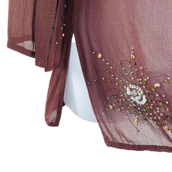 Phool Vintage Brown Sheer V-Neck Sequins & Beading Long Sleeve Hippie Boho Top S - Picture 5 of 13